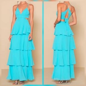 Lulus Tier and Now Blue Tie-Back Tiered Maxi Dress